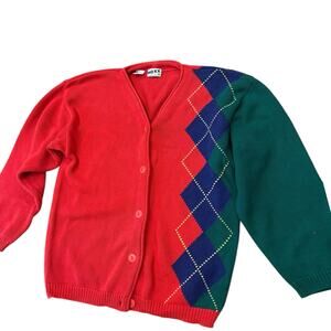 Vintage Red Colorblock Argyle Cardigan Sweater 80s Preppy Knit Sweater Small -